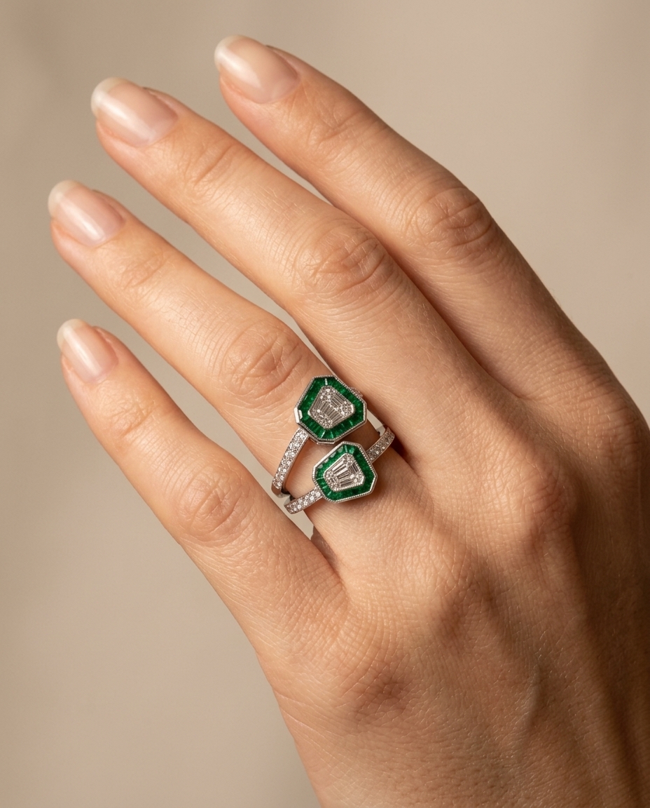 18KT White Gold Emerald and Diamond Ring on model