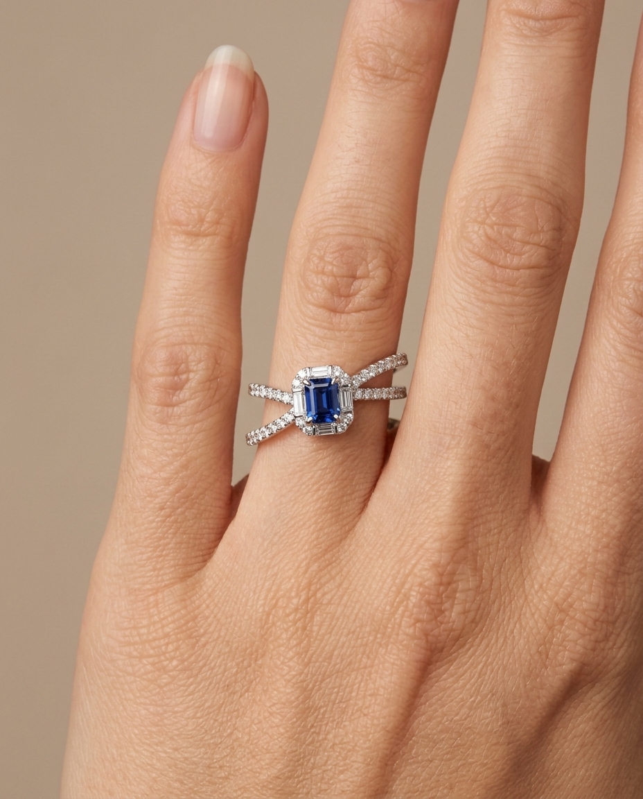 18KT White Gold Blue Sapphire and Diamond Ring on model