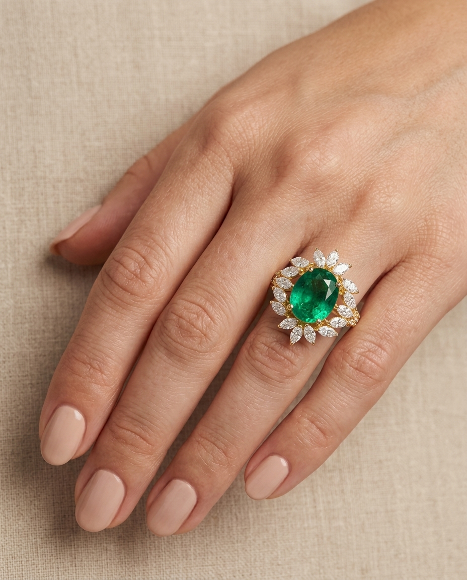 14KT Diamond Emerald Oval Ring (Copy) on model