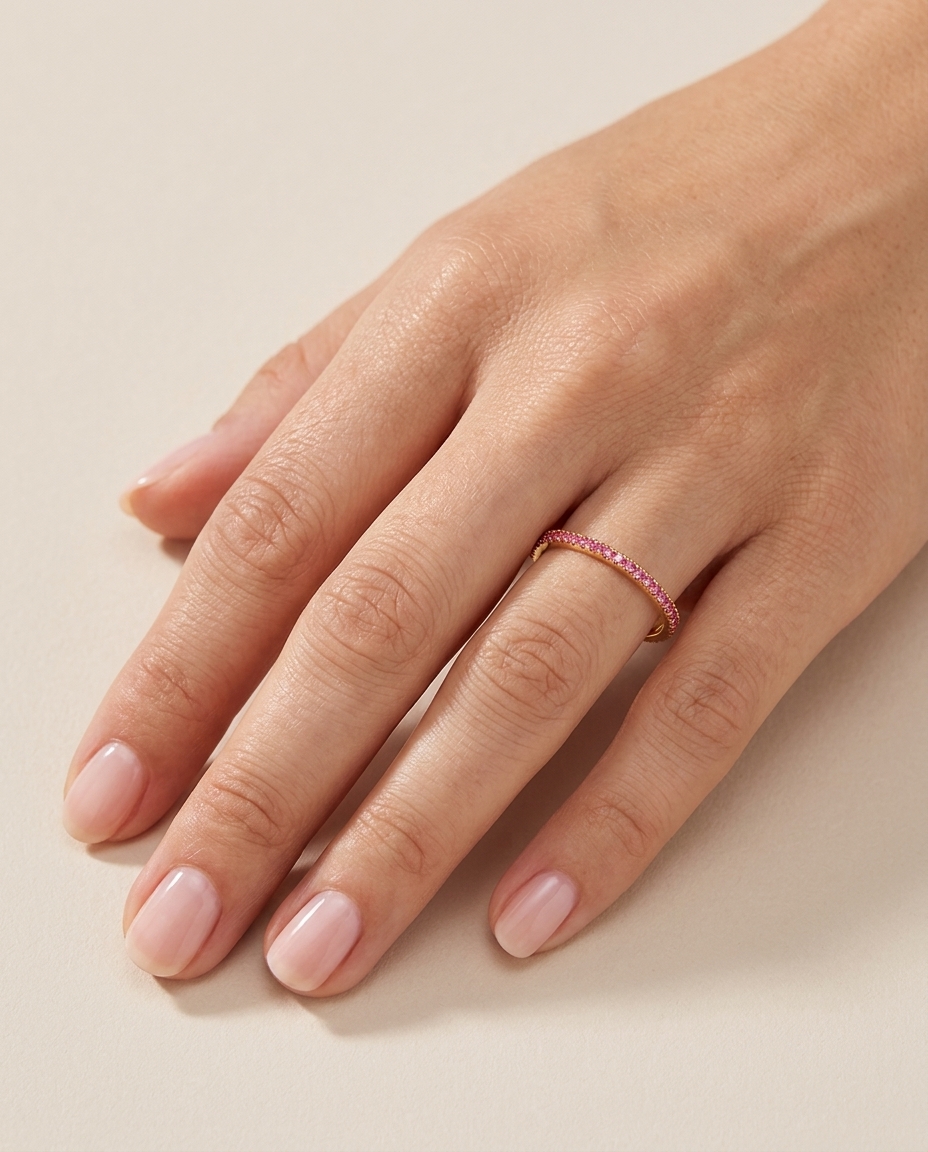 14KT Gold Pink Sapphire Ring Half Band on model