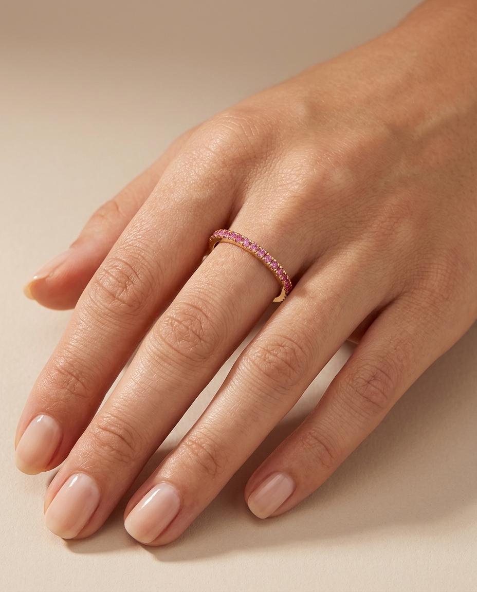 14KT Gold Pink Sapphire Ring Half Band on model