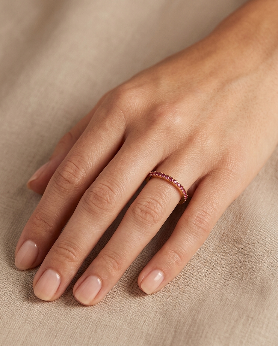 14KT Gold Pink Sapphire Ring Half Band on model