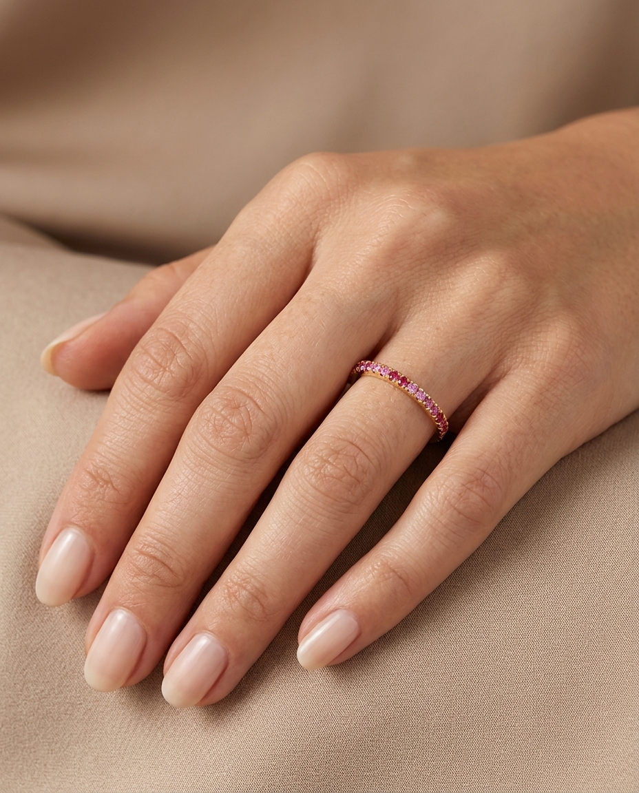 14KT Gold Pink Sapphire Ring Half Band on model