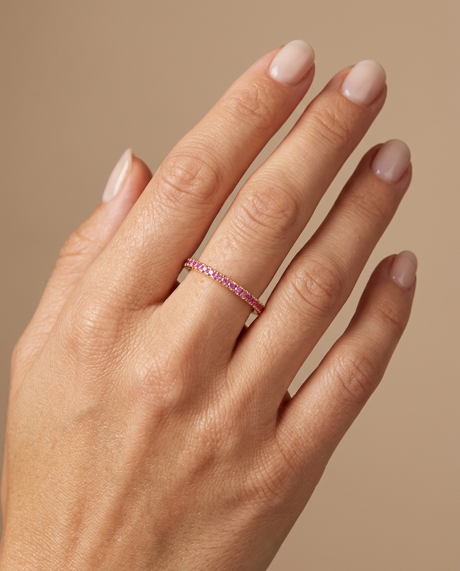 14KT Gold Pink Sapphire Ring Half Band on model