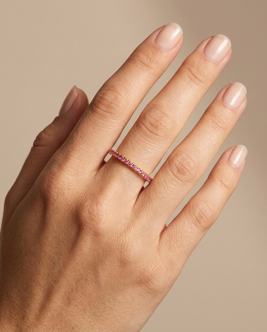 14KT Gold Pink Sapphire Ring Half Band on model