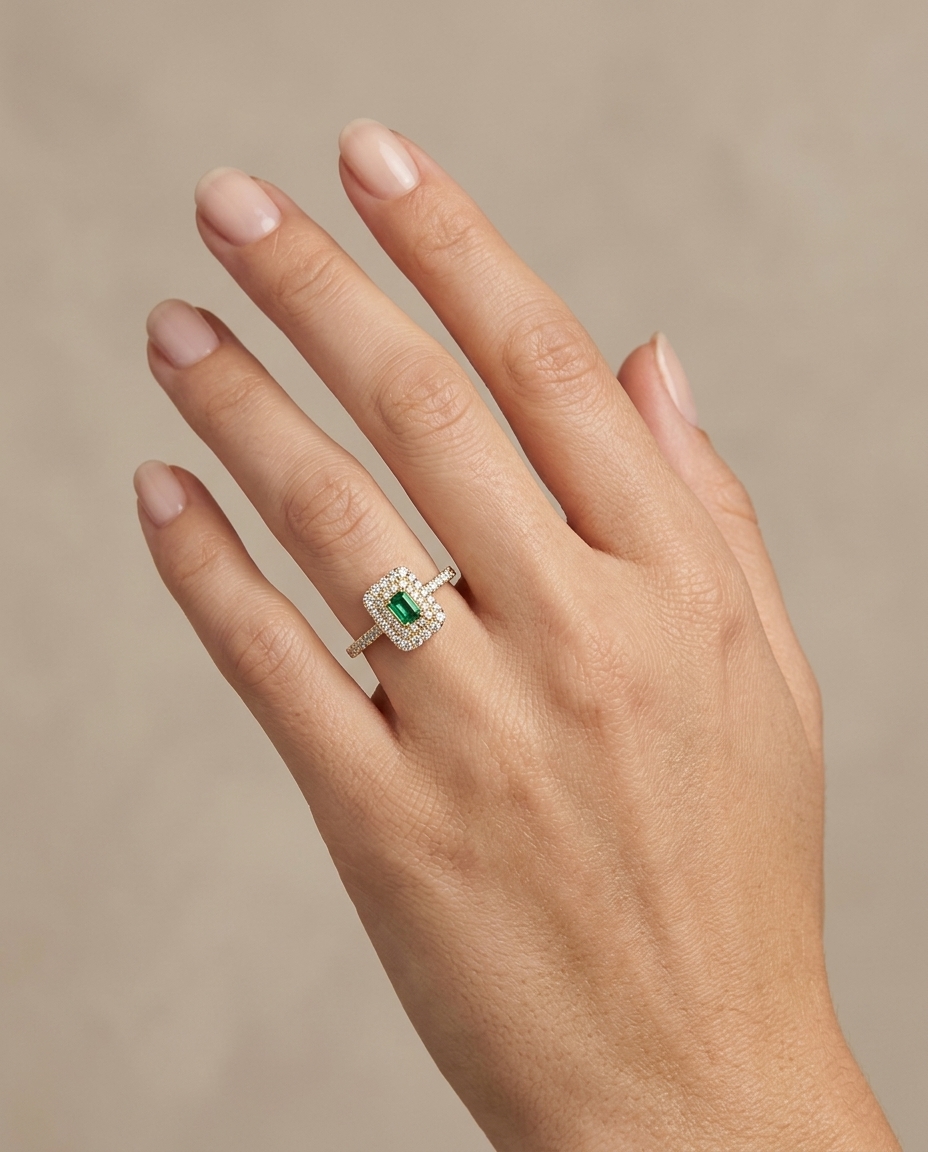 14KT Yellow Gold Emerald and Diamonds Ring on model
