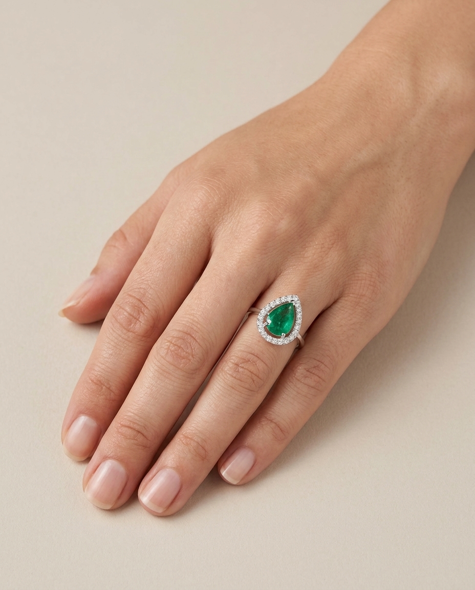 14KT White Gold Emerald and Diamonds Ring on model
