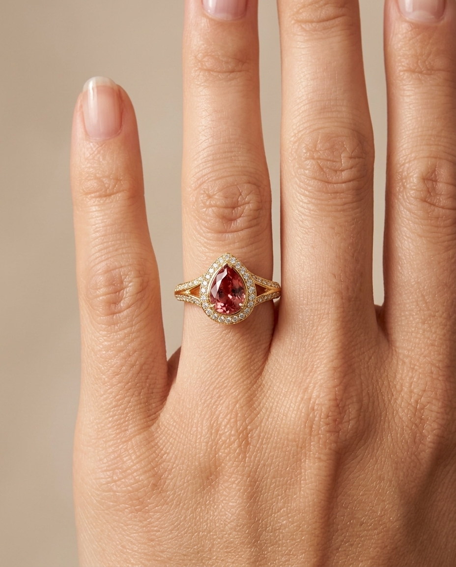 14KT White Gold Pink Tourmaline and Diamonds Ring on model