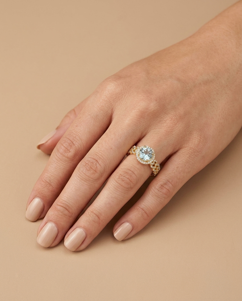 14KT Yellow Gold Aquamarine and Diamonds Ring on model