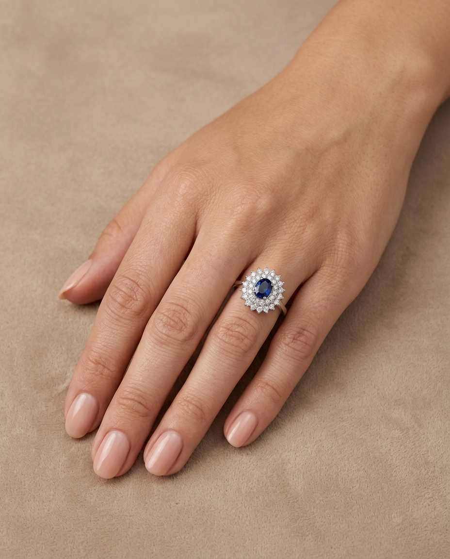 14KT White Gold Sapphire and Diamonds Ring on model