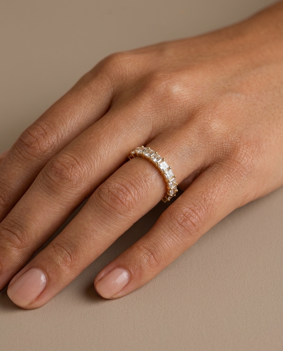 14KT Gold Emerald Cut Diamond Ring on model