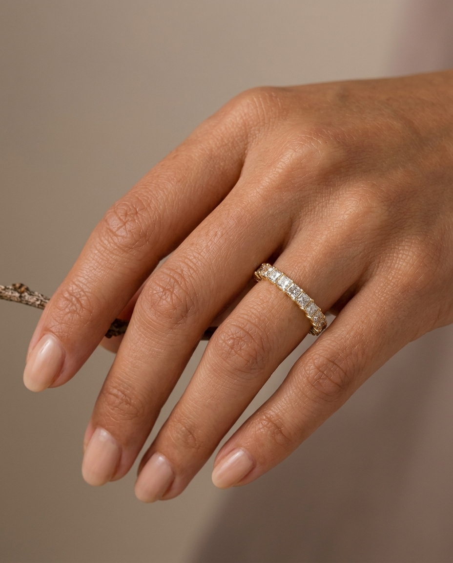 14KT Gold Emerald Cut Diamond Ring on model