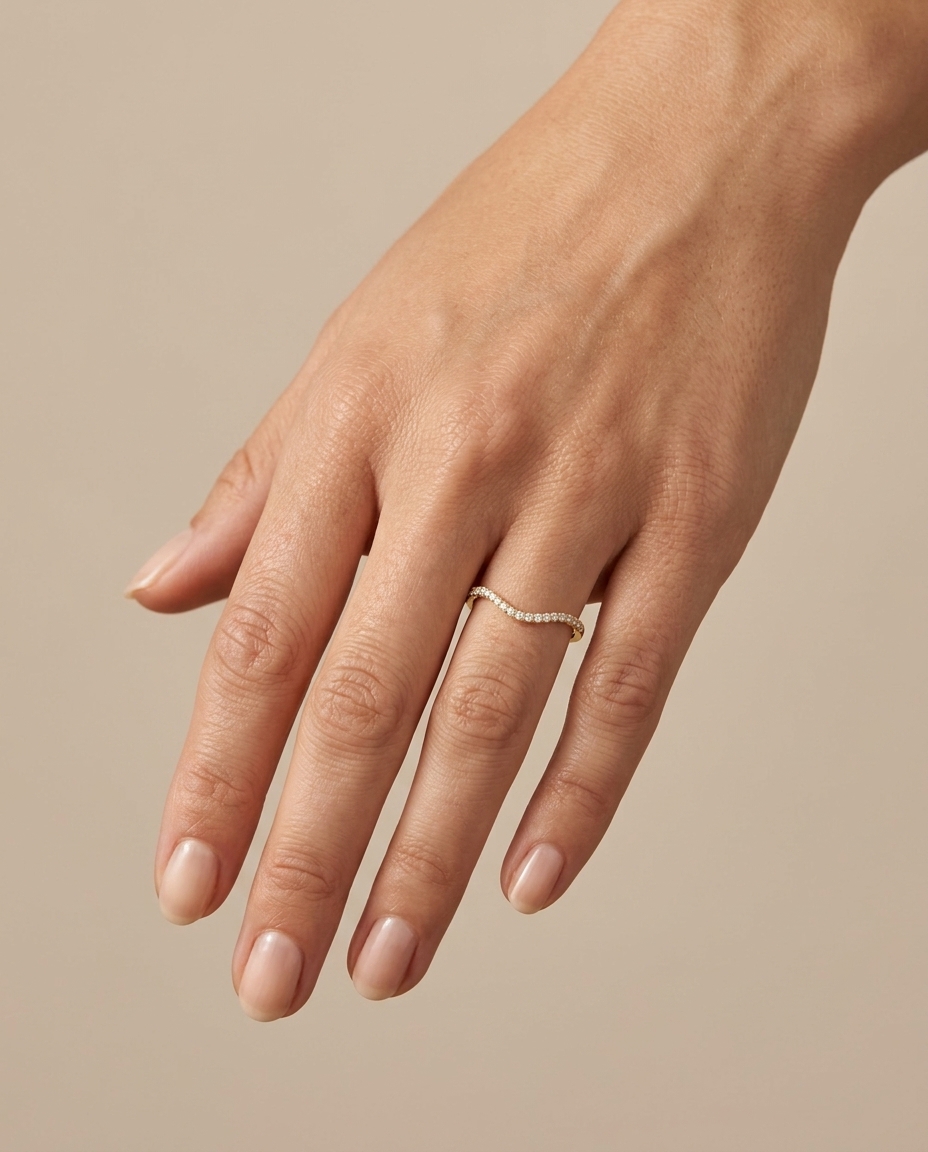 14KT Yellow Gold Diamond Wave Ring Half Band on model