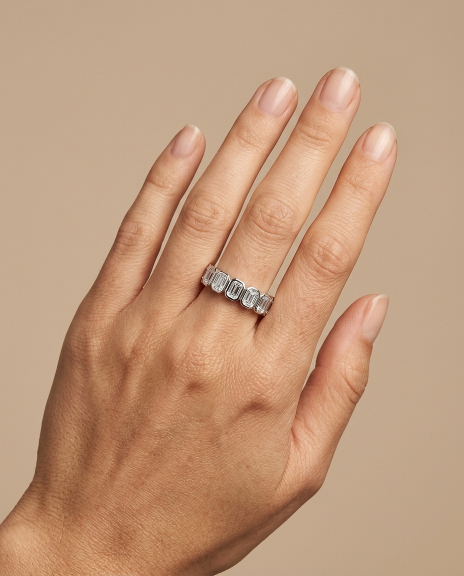 14KT White Gold Emerald Cut Diamond Ring on model