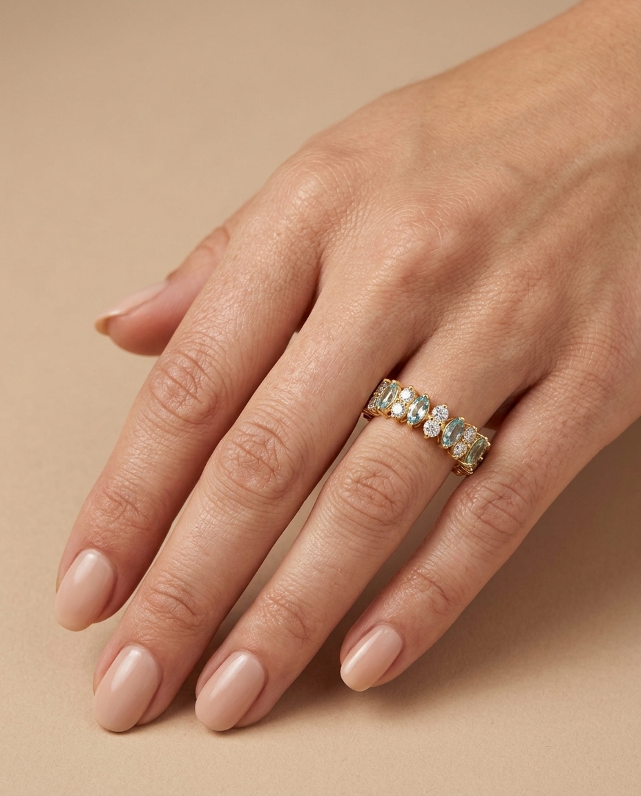 14KT Yellow Gold Marquise Shape Diamond and Aquamarine Eternity Band on model