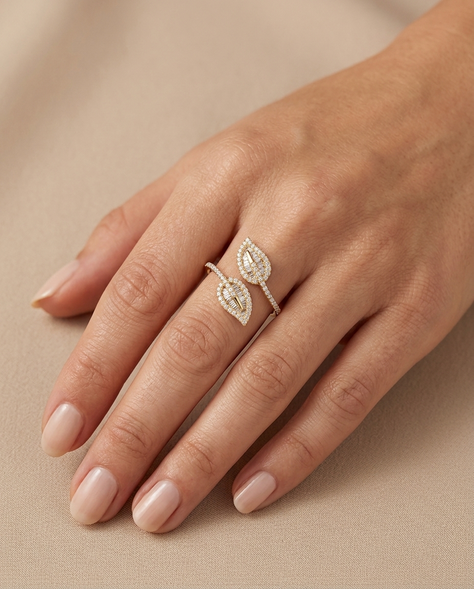 14KT Yellow Gold Double-Leaf Diamonds Ring on model
