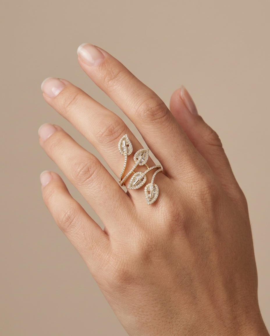 14KT Gold Diamonds Ring on model
