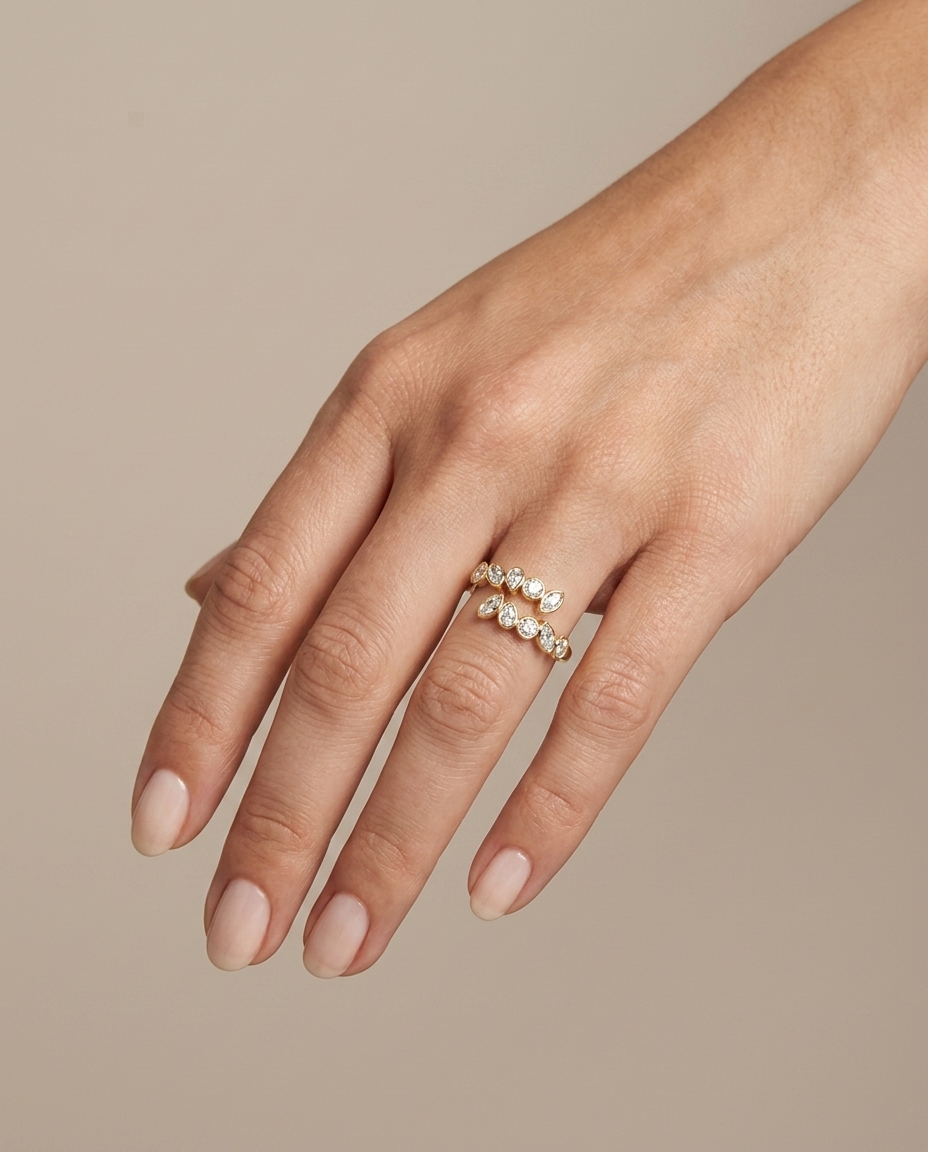14KT Yellow Gold Bezeled Diamond Wrap Around Ring on model
