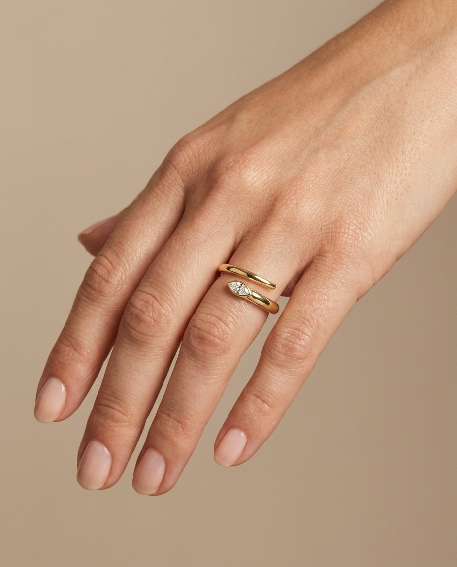 14KT Gold Wrap Around Ring with Single Diamond on model