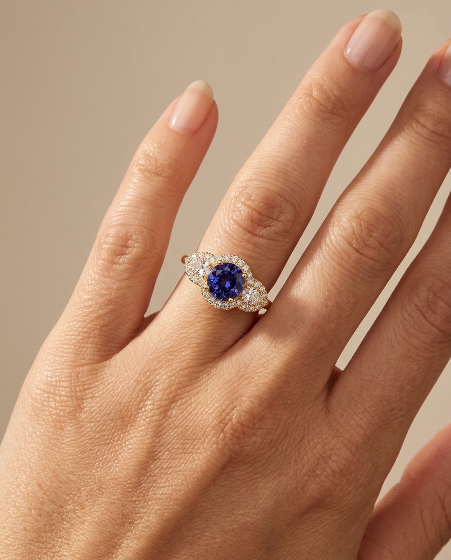 14KT Yellow Gold Tanzanite and Diamonds Ring on model
