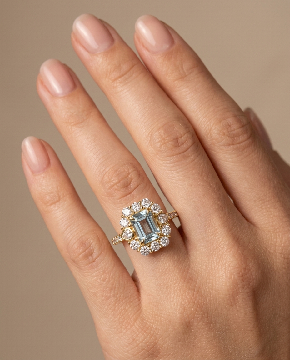 14KT Gold Aquamarine and Diamond Ring on model