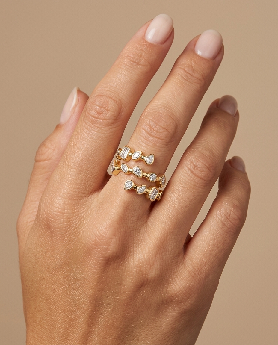 14KT Gold Multi Shape Bezeled Diamonds Wrap Around Ring on model
