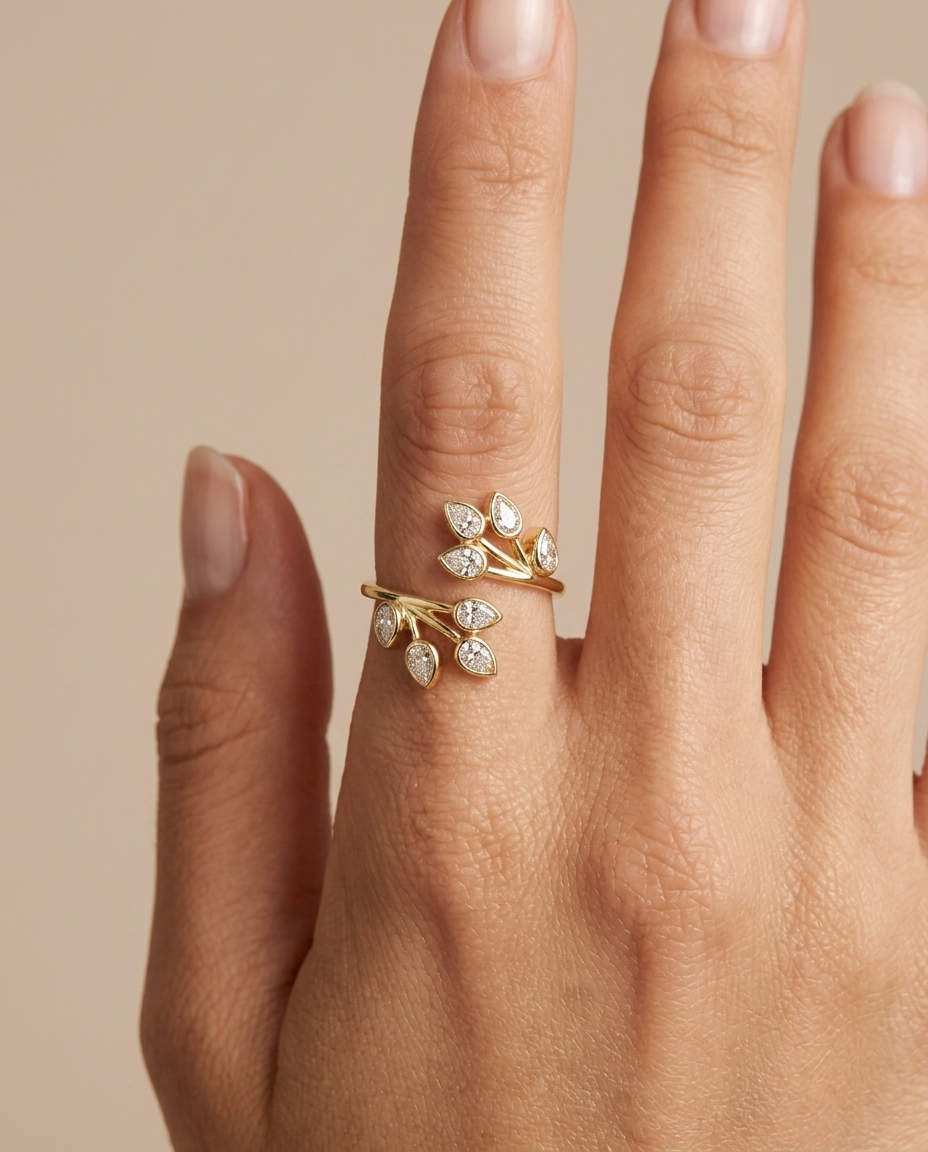 14KT Gold Branch Leaf Design Bezeled Diamond Ring on model