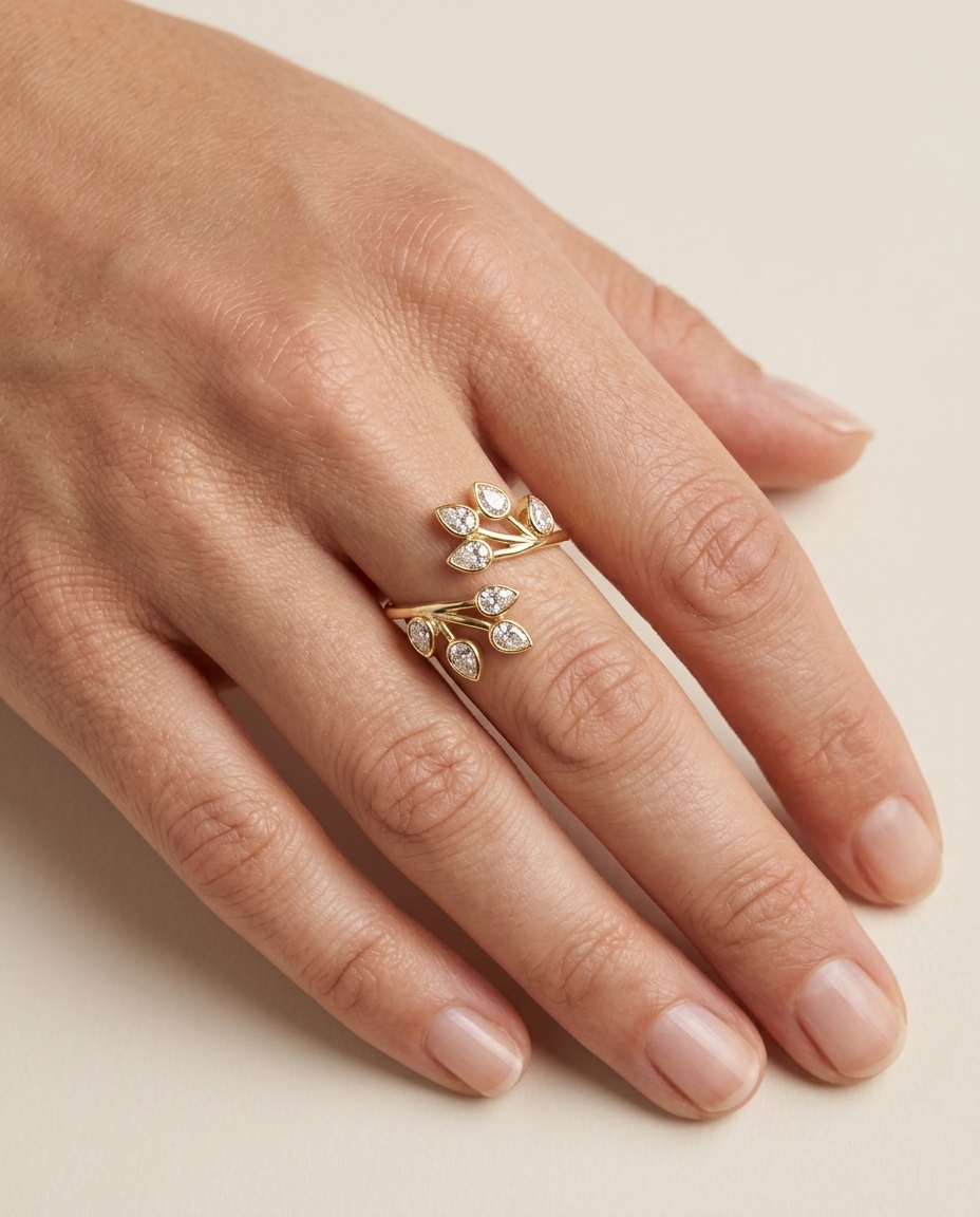 14KT Gold Branch Leaf Design Bezeled Diamond Ring on model