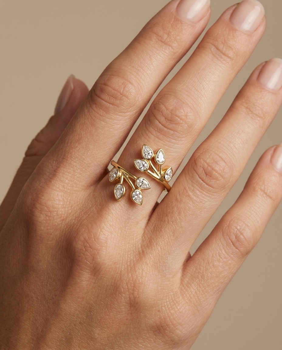 14KT Gold Branch Leaf Design Bezeled Diamond Ring on model