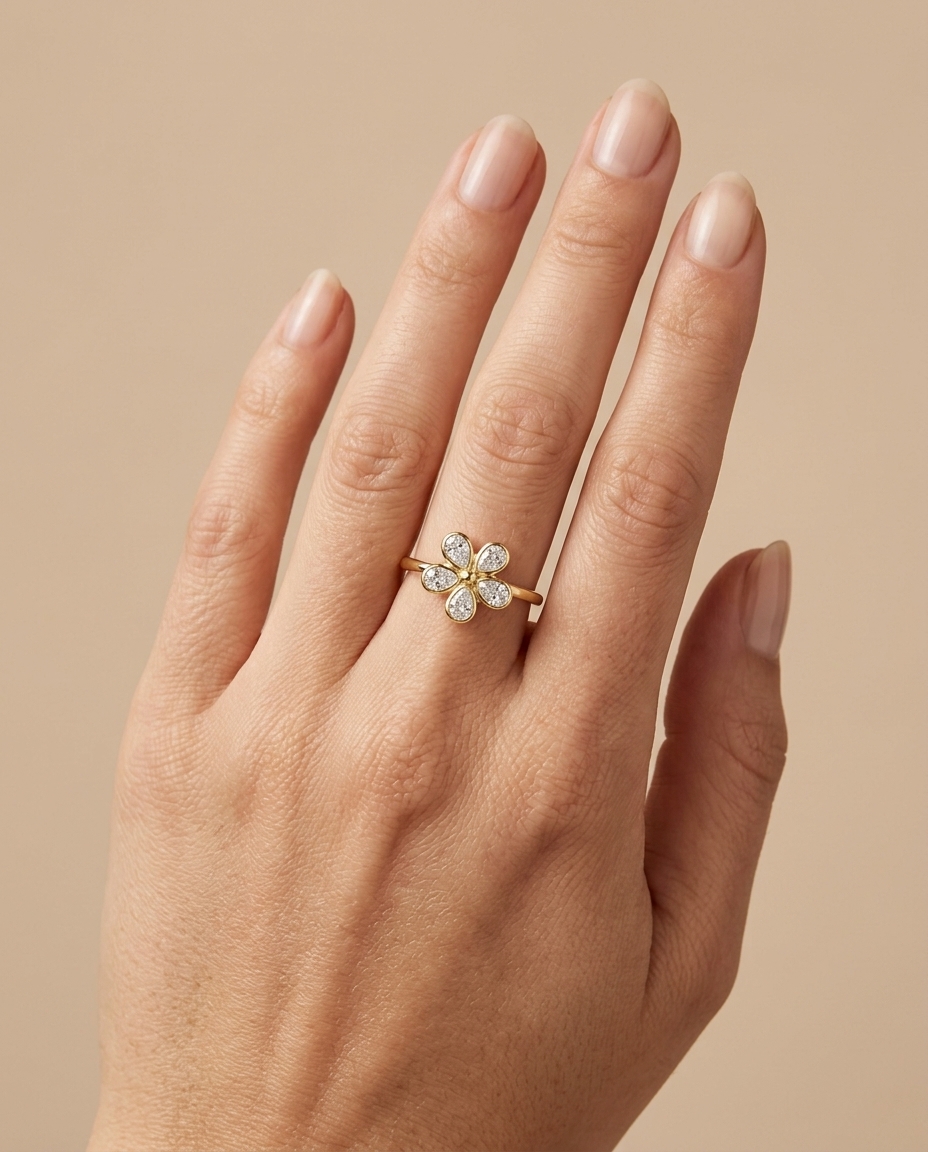 14KT Gold Bezeled Diamond Flower Design Ring on model