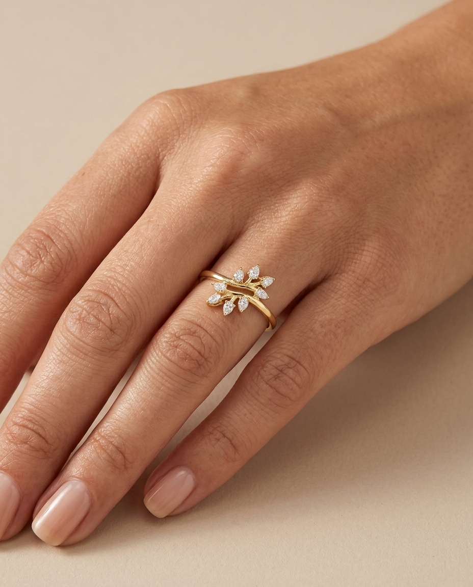 14KT Gold Branch Leaf Design Diamond Ring on model