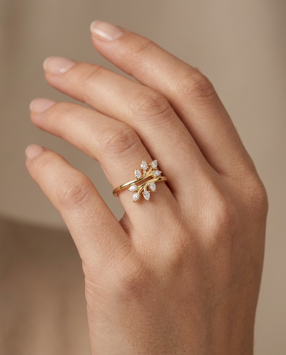 14KT Gold Branch Leaf Design Diamond Ring on model