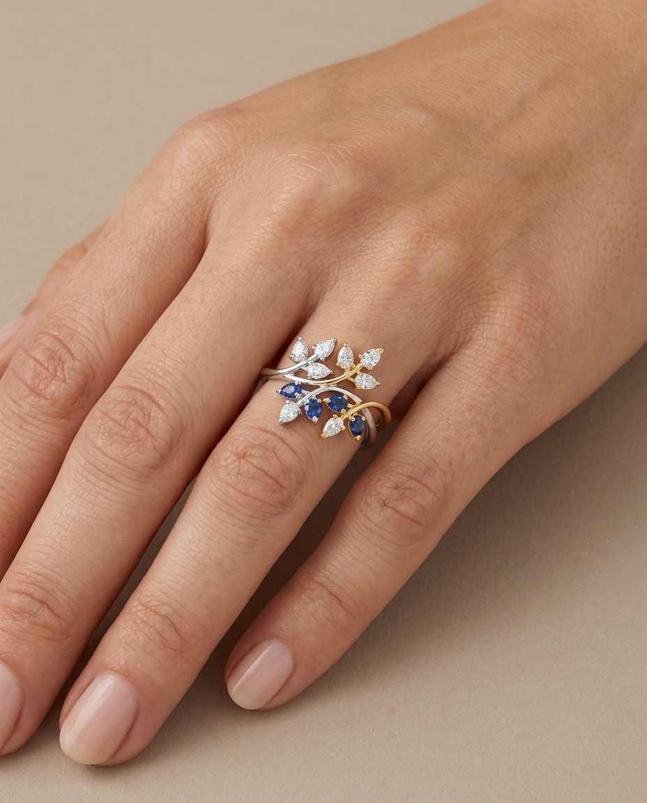 14KT Gold Tri-Leaf Design Diamond Ring on model