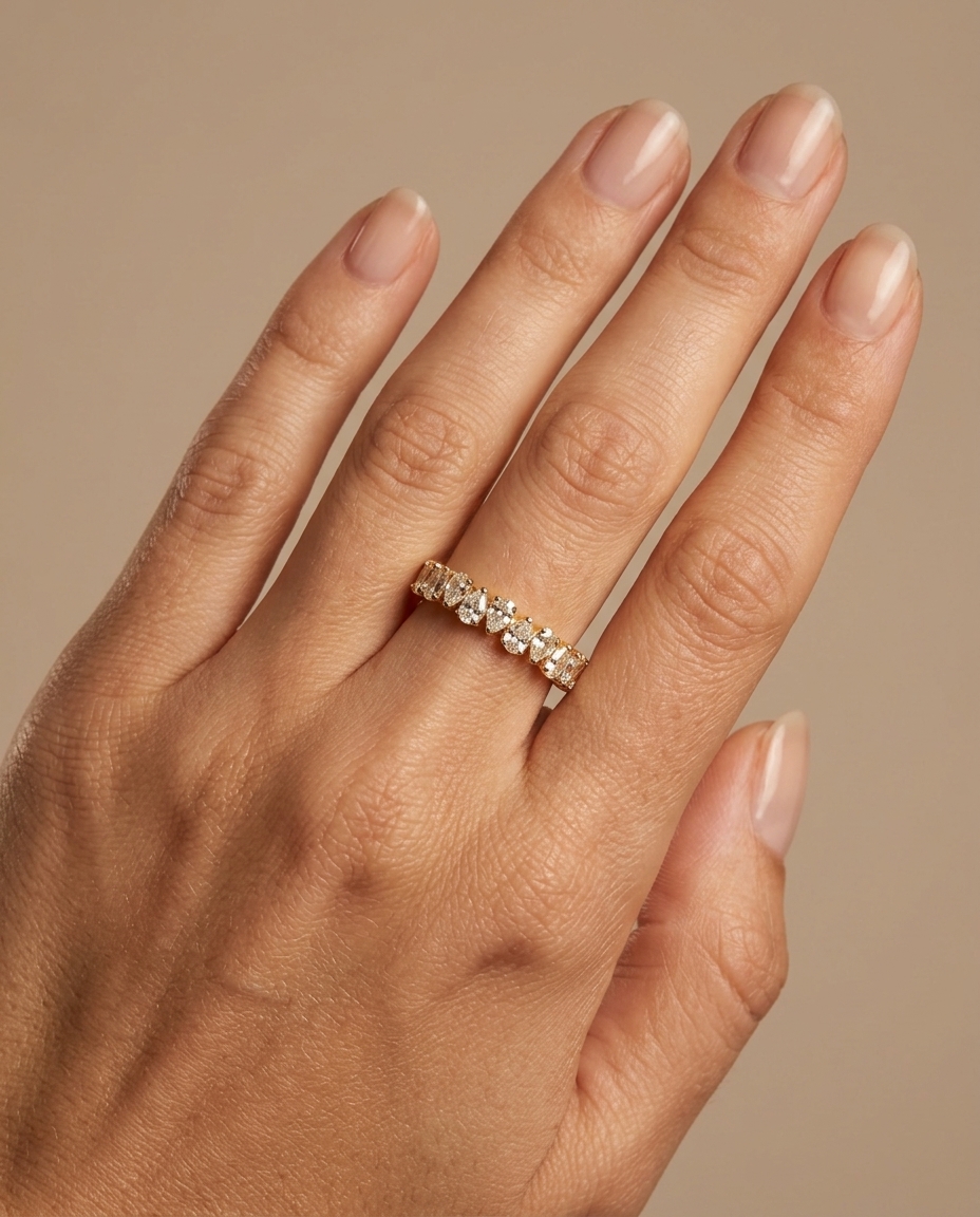 14KT Gold Pear Shape Diamond Ring on model