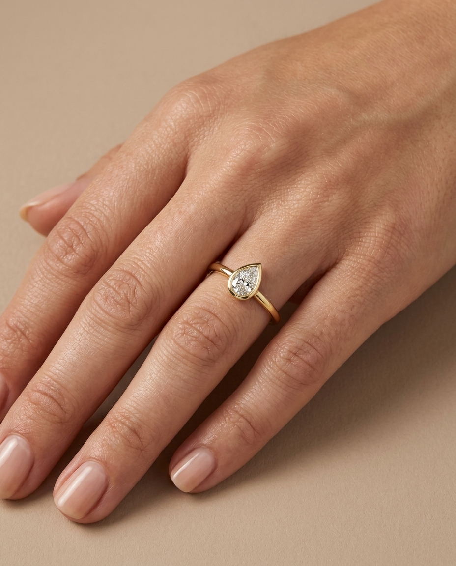14KT Gold Ring with Single Bezeled Pear Shape Diamond on model