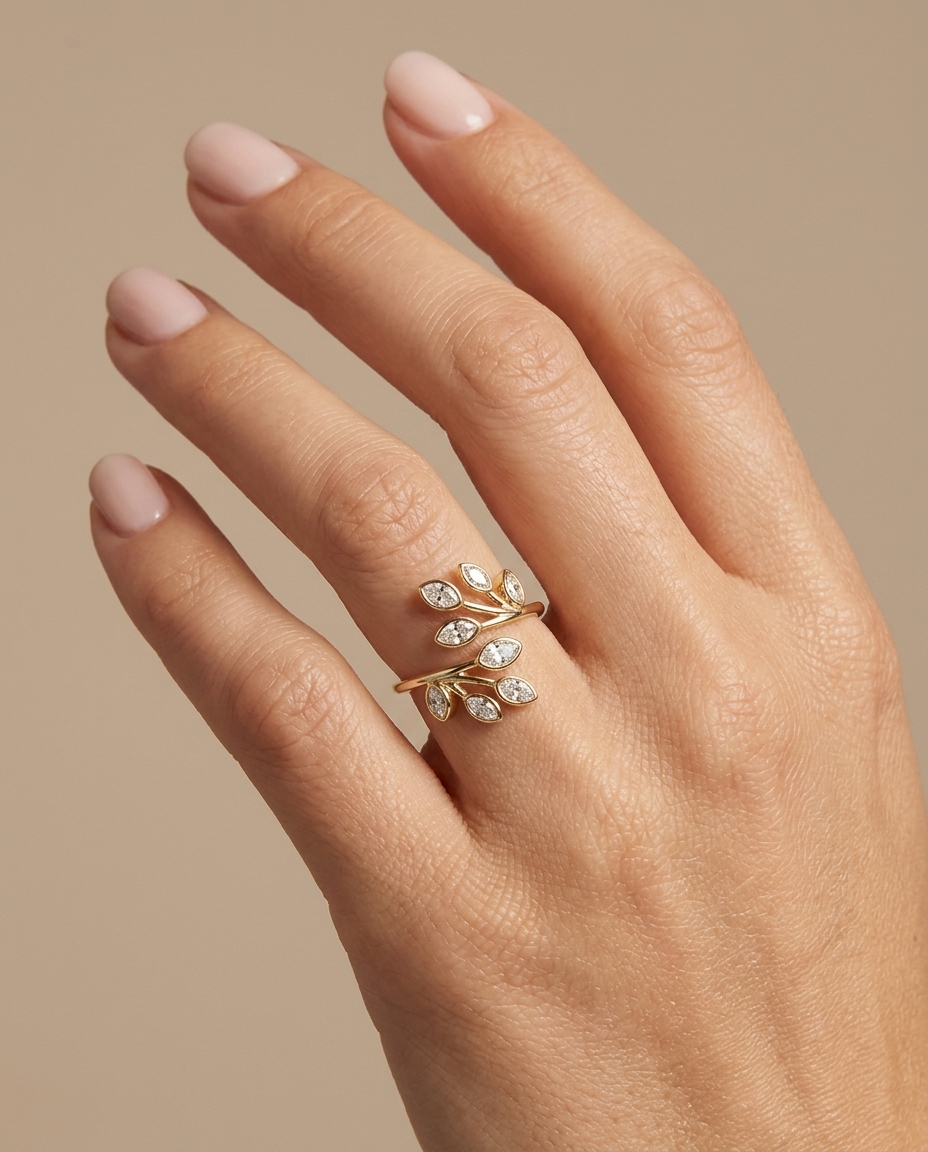 14KT Gold Branch Leaf Design Bezeled Diamond Ring on model