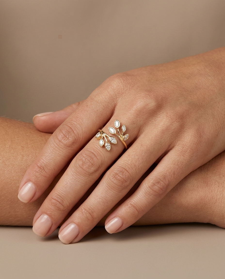 14KT Gold Branch Leaf Design Bezeled Diamond Ring on model