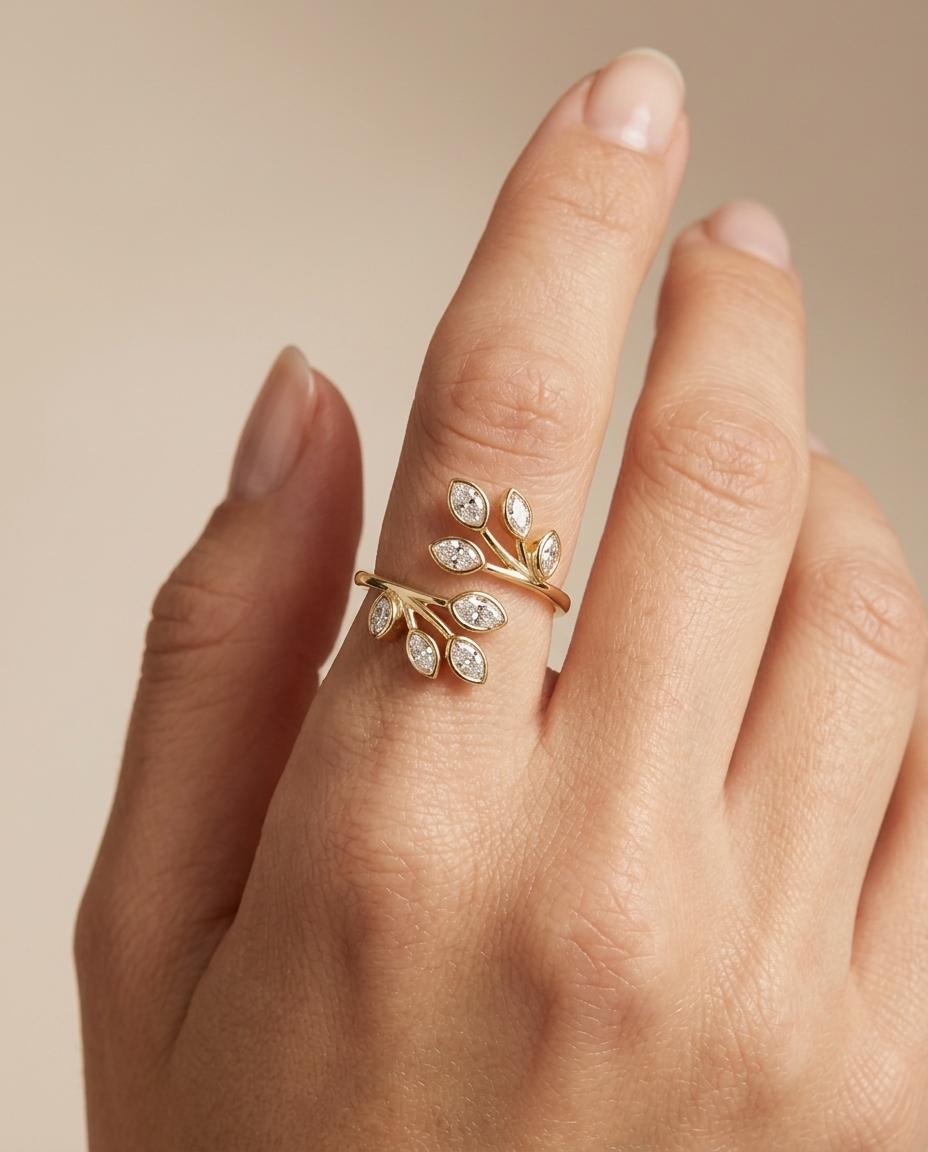 14KT Gold Branch Leaf Design Bezeled Diamond Ring on model