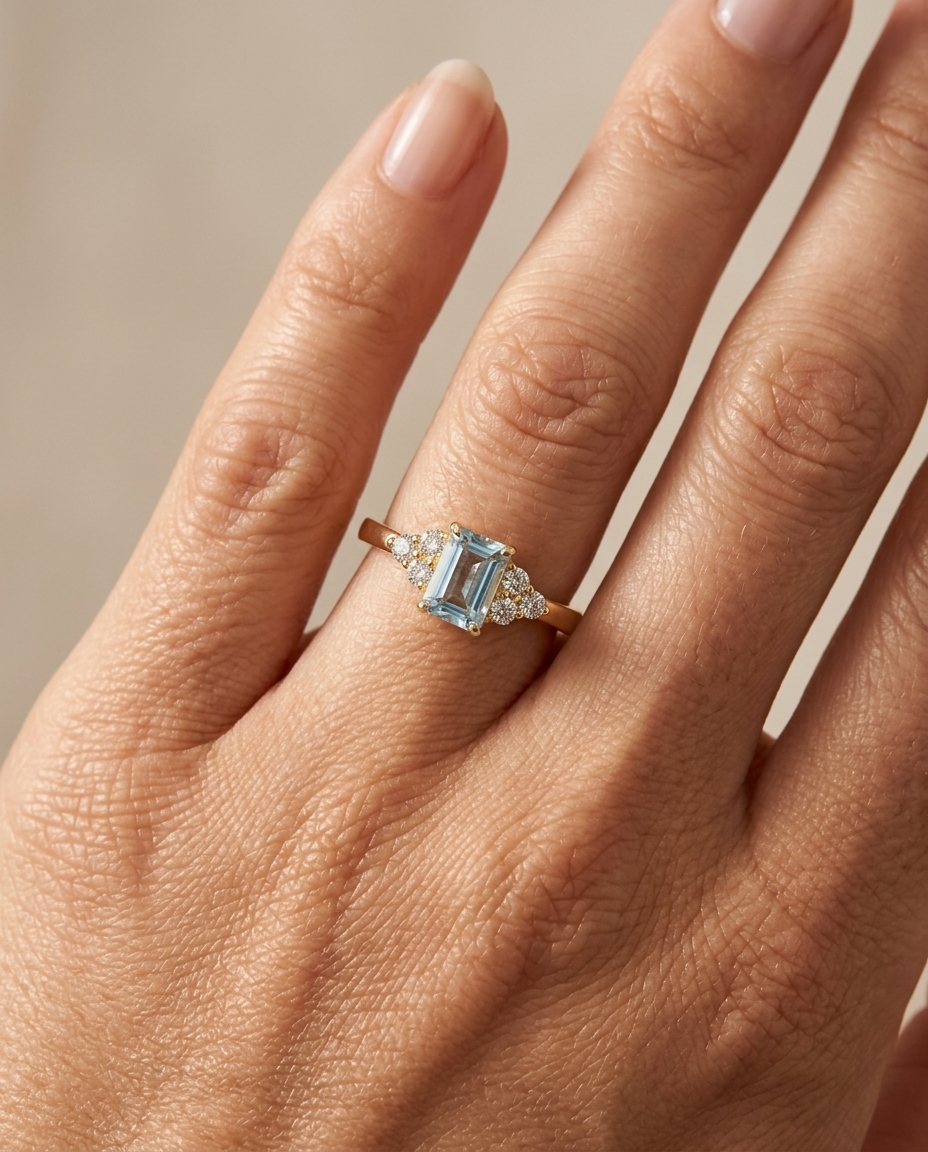 14KT Yellow Gold Aquamarine and Diamonds Ring on model