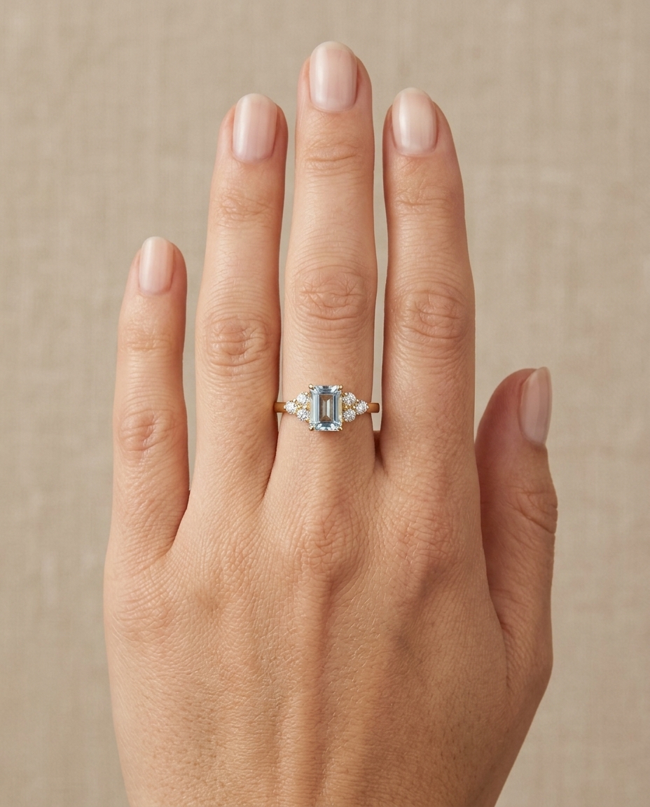 14KT Yellow Gold Aquamarine and Diamonds Ring on model