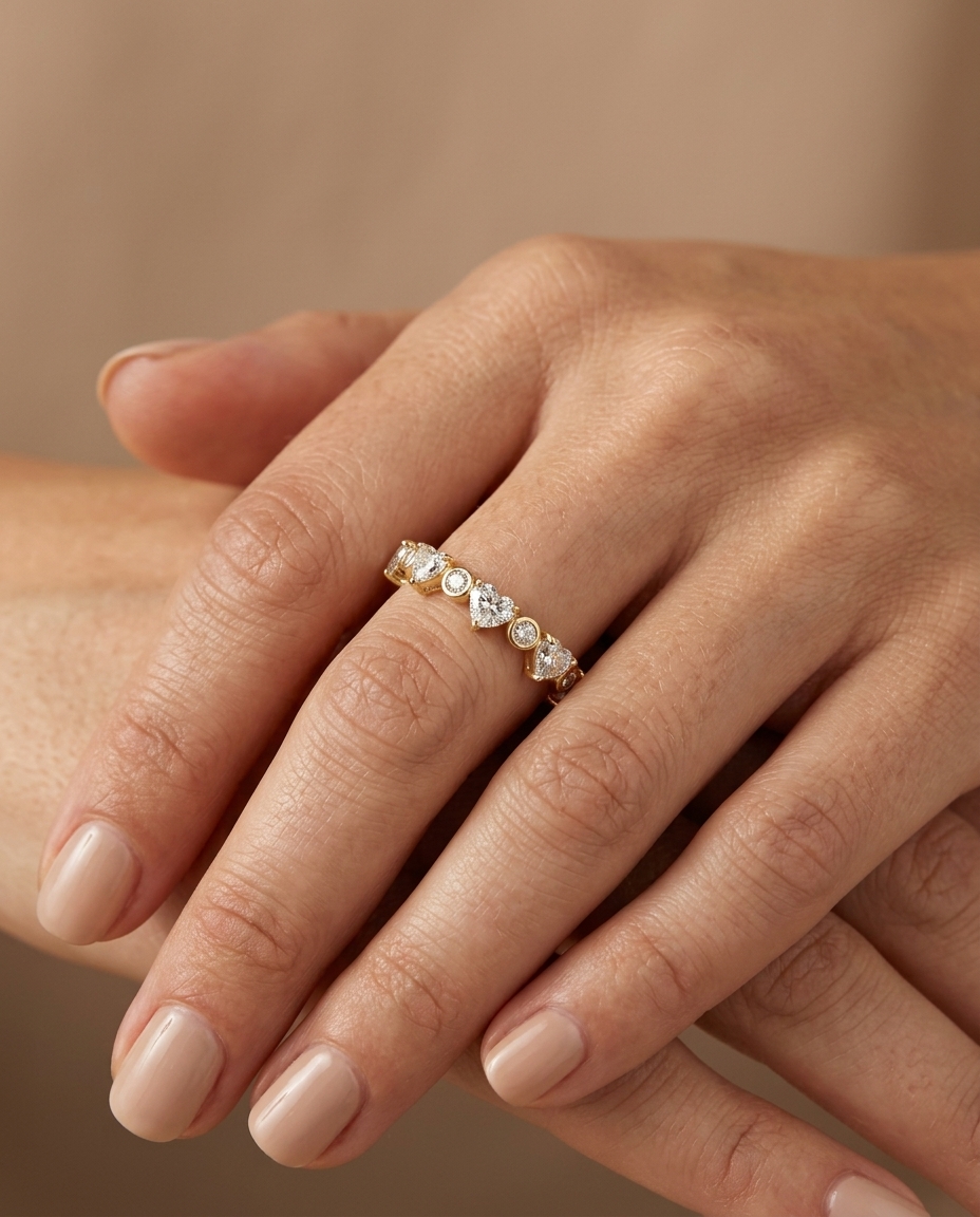 14KT Gold Diamonds and Heart Shape Diamond Ring on model