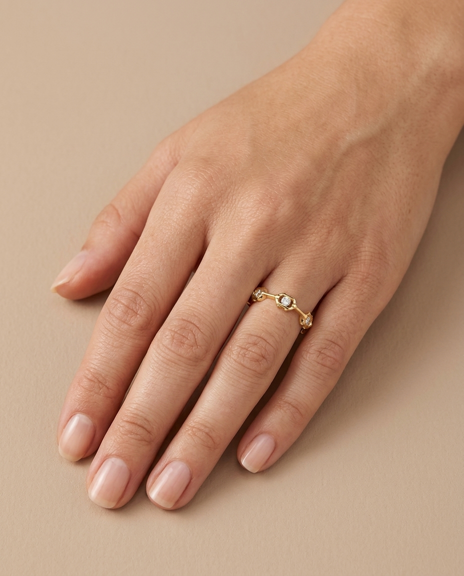 14KT Yellow Gold Diamond Station Eternity Ring on model