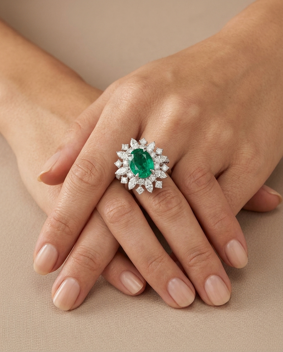 14KT White Gold Emerald and Diamonds Ring on model