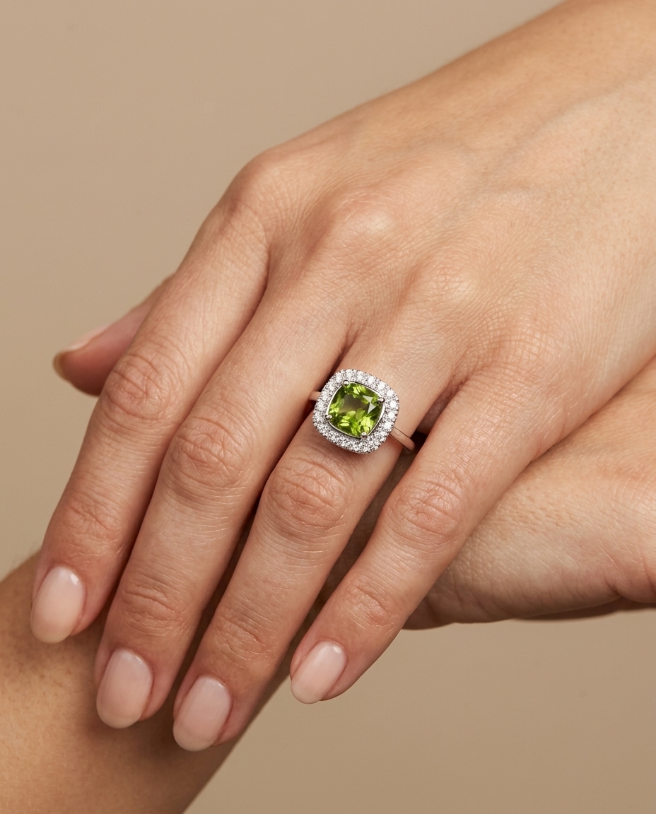 14KT White Gold Green Tourmaline and Diamonds Ring on model