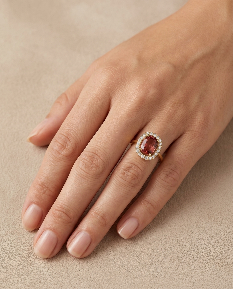 14KT Yellow Gold Pink Tourmaline and Diamonds Ring on model