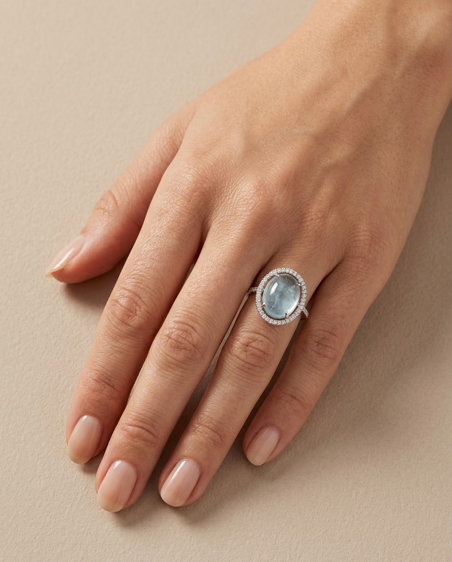 14KT White Gold Aquamarine and Diamonds Ring on model
