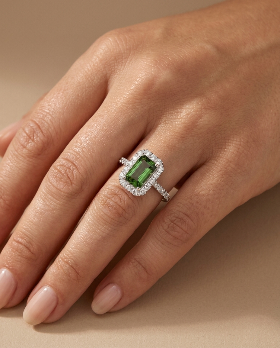 14KT White Gold Green Tourmaline and Diamonds Ring on model