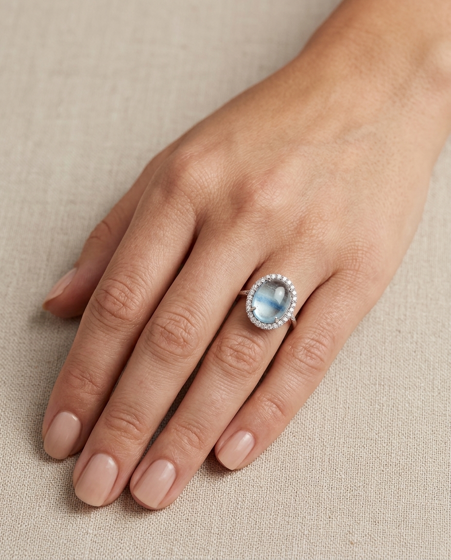 14KT White Gold Aquamarine and Diamonds Ring on model