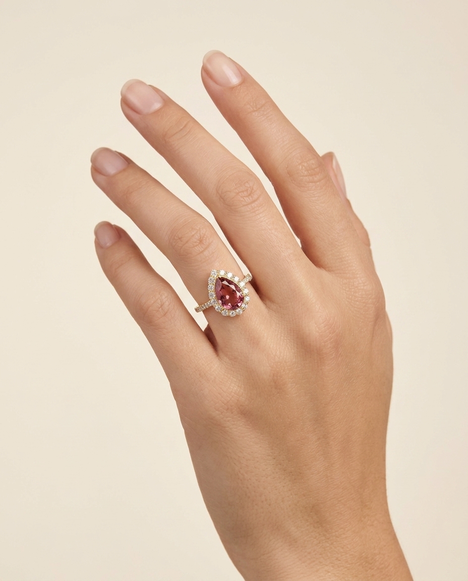 14KT Yellow Gold Tourmaline and Diamonds Ring on model