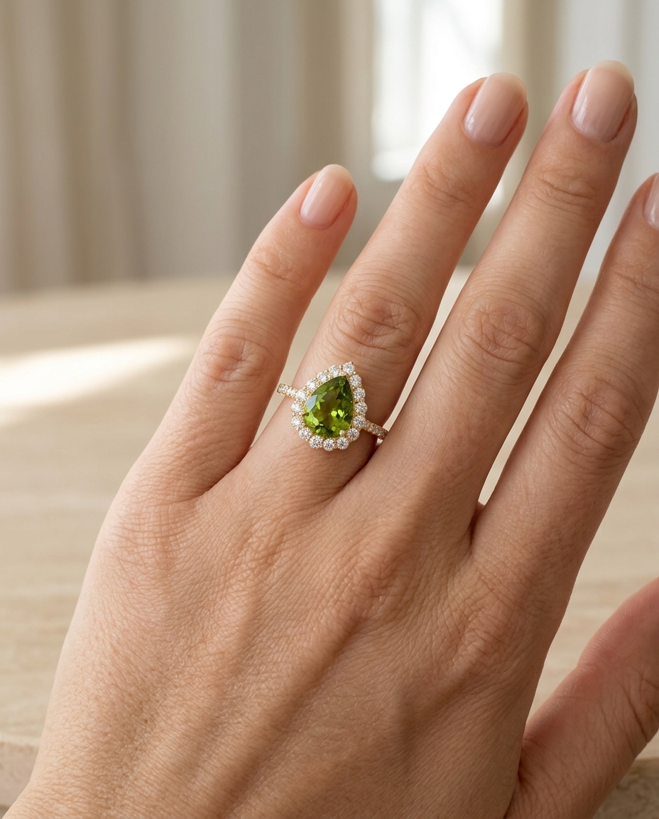 14KT Yellow Gold Green Tourmaline and Diamonds Ring on model